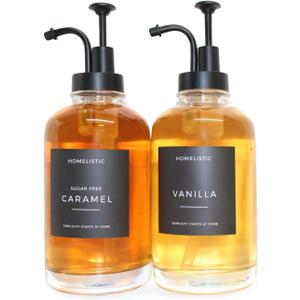 Syrup Dispenser for Coffee Bars, Set of 2 Glass Syrup Bottles with Black Pumps, 16.9 oz 500 ml, Coffee Bar Accessories, Includes Sugar Free Coffee Syrup Labels in Black