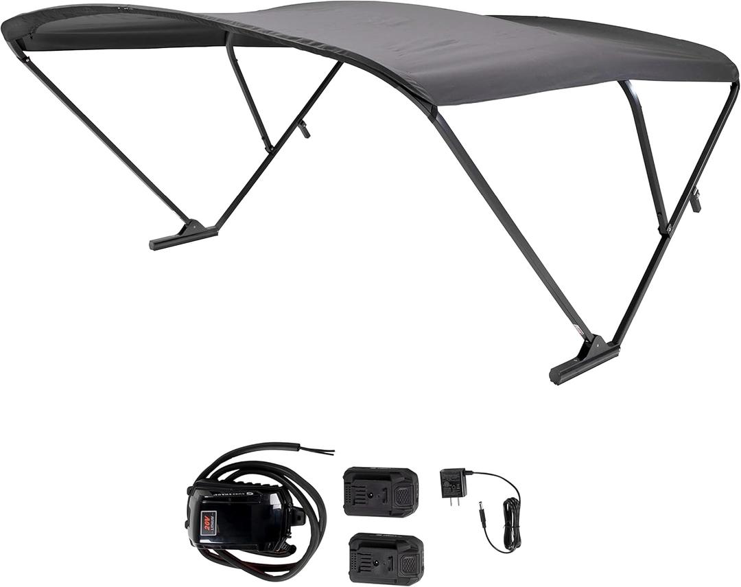 Power Bimini Electric Shade System for Pontoon Boats, 92-102" Wide, 20V Rechargeable Battery Powered or 12V Hardwired, 10' Fade-Resistant Fabric, Anodized Frame