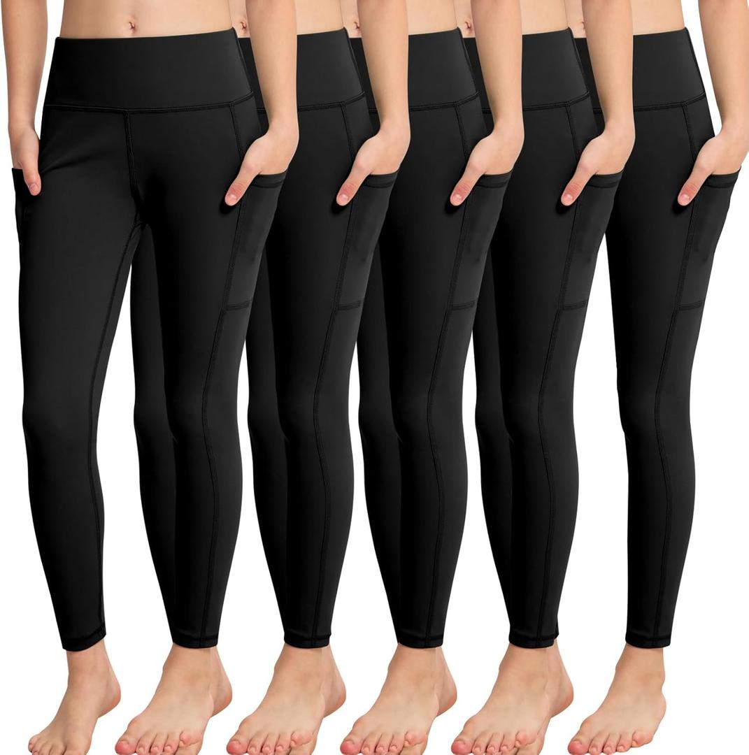 CHRLEISURE Girls' Athletic Leggings with Pockets, 5 Packs Kids Teen Dance Yoga Workout Running Pants for 5-15 Years (Black, XS)