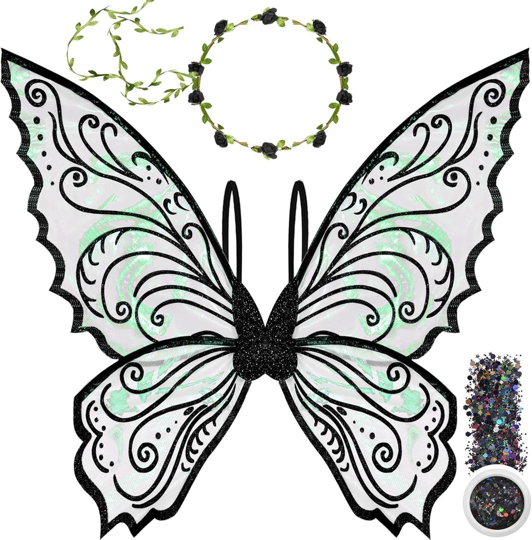 U-Goforst Fairy Wings Adult Women, Fairy Costume for Woman Butterfly Wings for Girls Adult Halloween Costume Cosplay Dress Up (Black)