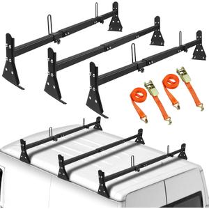 Ladder Rack for Van, Van Roof Rack Compatible with Chevy Express 1500 2500 3500 Ford Econoline GMC Savana Fullsize with Rain Gutter, Adjustable Length 57''-65'', 3 Bars, 800 Lbs, Black
