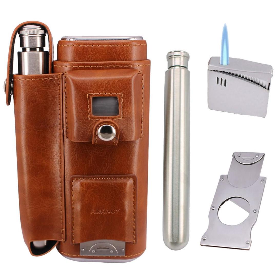 AMANCY Luxury 2 Holder Brown Leather Portable Cigar Case Gift Set, Leather-Wrapped Cigar Travel Humidor Contained 2 Oz Stainless Steel Flask with Lighter and Cutter