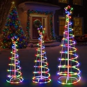 3 Packs Christmas Spiral Tree with Lights, 3/ 4/ 5 FT Lighted Xmas Collapsible Tree with Metal Stakes for Indoor & Outdoor, Yard, Porch, Garden Holiday Decor (Multi-Color, 3-4-5 FT)
