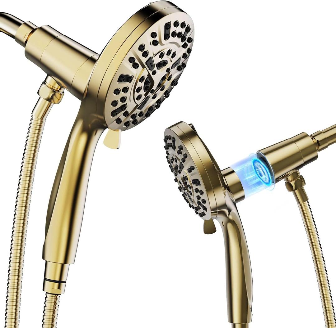 High Pressure 10 Ways Handheld Shower Head Brushed Gold- Anti-clog Nozzles, Built-in Power Wash to Clean Tub, Wall & Overhead Brackets,Magnetitc Rainfall Shower Wand,Built-in 2 Power Jet