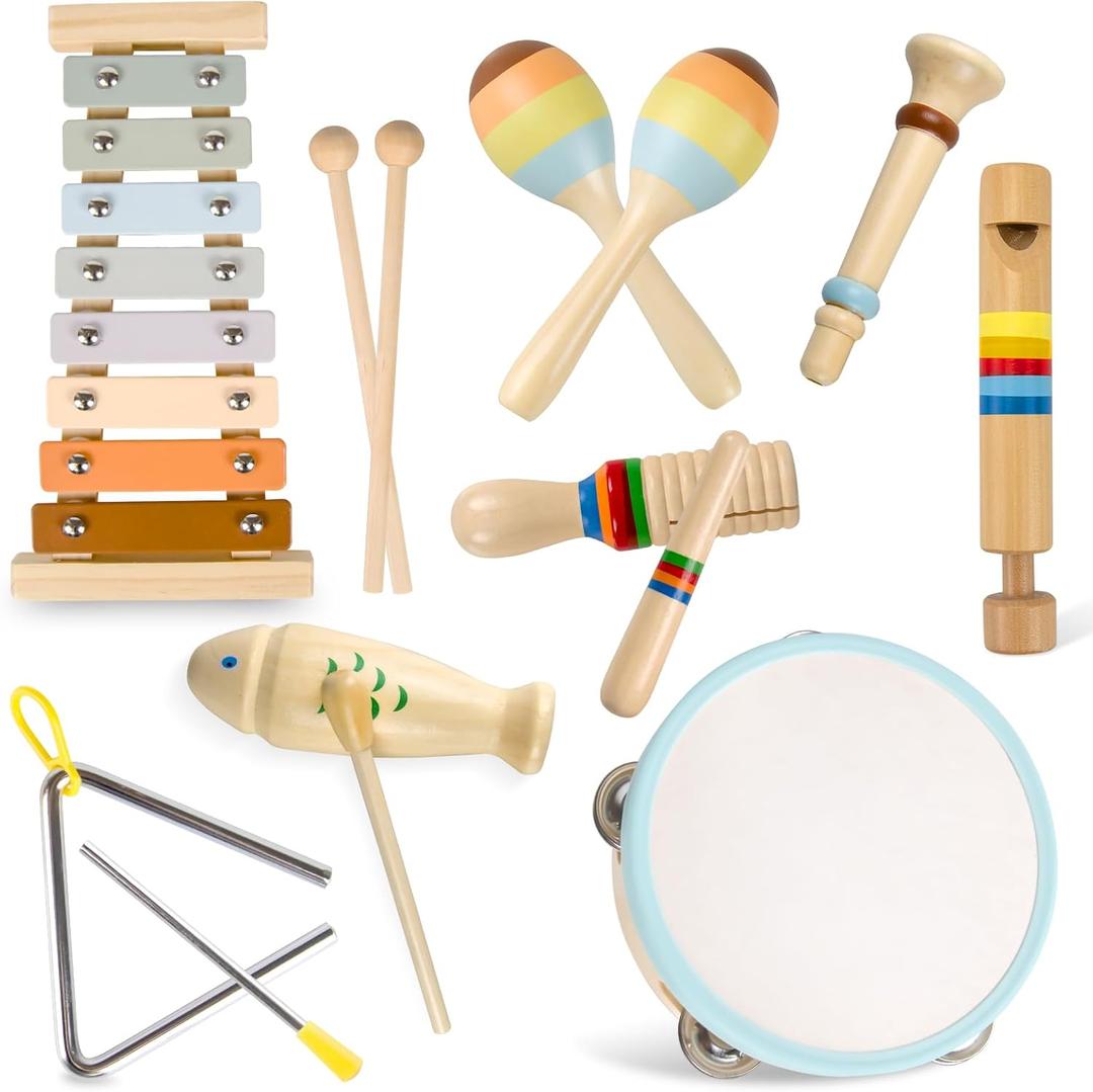 Baby Musical Instruments-Montessori Wooden Toys for Toddlers 1-3 Neutral Colors Percussion Instruments Set with Modern Boho Xylophone for Kids Preschool Educational,Includes Storage Bag