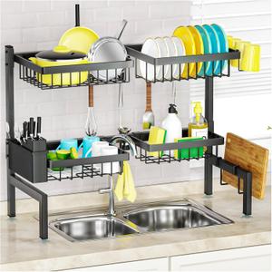 SNSLXH [2-Tier 4 BasketsOver The Sink Dish Drying Rack, 26.57"-35", Large Sink Rack for Kitchen, Extensible and Adjustable, Saving Kitchen Space