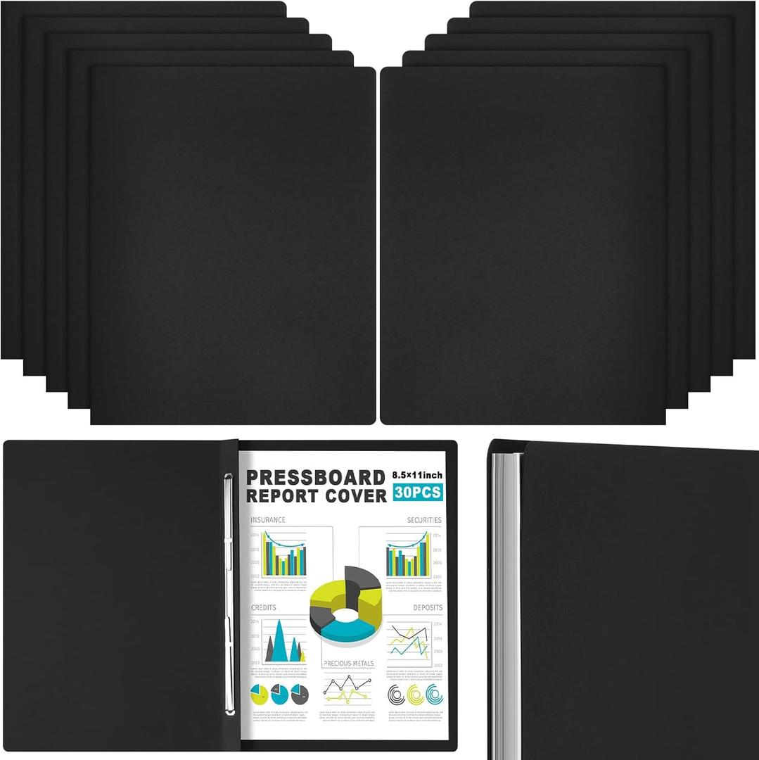 Dunzoom 30 Pcs 8.5'' x 11'' Pressboard Report Cover, 3'' Capacity Metal Prong Fastener with Compressor, Letter Size, Presentation Folder to Neatly Bind Report, Proposal Document (Black)
