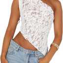 ABYOVRT Women One Shoulder Lace Top Irregular Hem Backless Crop Tops See Through Sheer Tank Tops Going Out Clubwear (Medium, White)