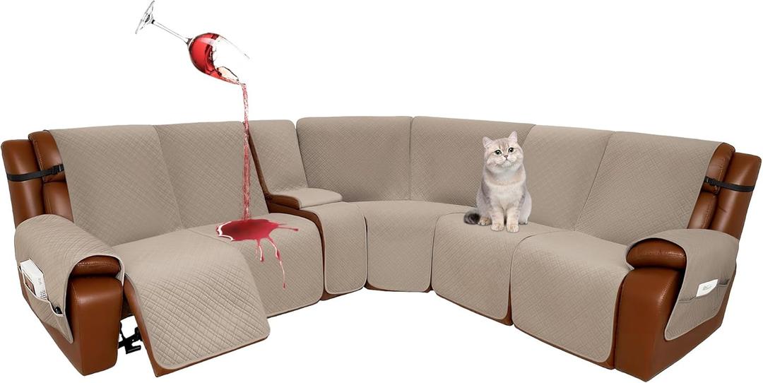 Velvet 1OO% Waterproof Reclining Sectional Couch Covers for Sectional Sofa L Shape 8-Piece Quilted Corner Recliner Sofa Cover Slipcovers Set Washable (5 Seater with 1 Console, Khaki)