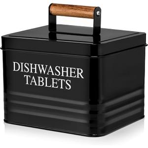 Calindiana Modern Farmhouse Metal Dishwasher Pods Container Holder with Lid for Kitchen Organization and Storage, Kitchen Essentials Decor Accessories, Black