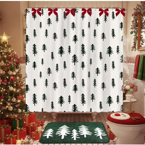 Suncalla 2 Pcs Christmas Tree Bathroom Decor Set Green Christmas Shower Curtain with Non Slip Flocking Bath Rug and 9 Red Bow for Winter Xmas Holiday Bathroom Gift 72''x72''