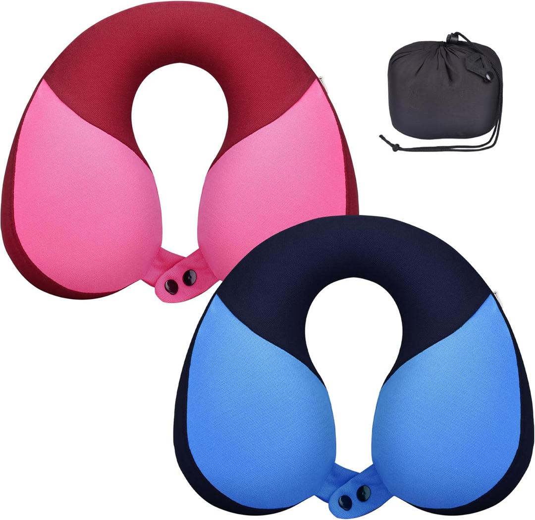 COOLBEBE Kids Travel Neck Pillow 2PCS Softly Double Support Neck Pillow for Car & Airplane, Traveling Gifts for Toddler & Children (Blue & Pink)