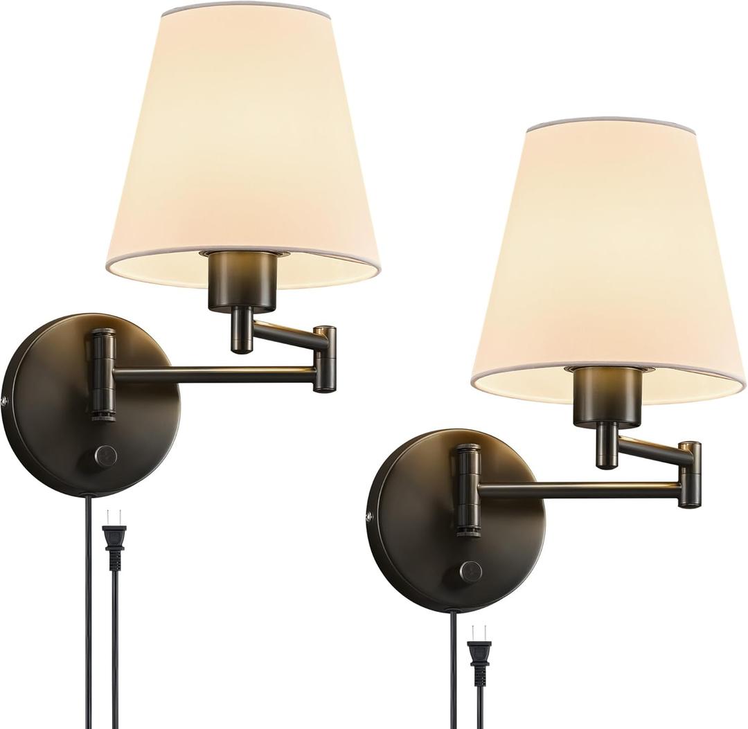 VONLUCE Wall Sconce Set of 2, Plug in & Hardwired Swing Arm Wall Lamps, Adjustable Wall Mounted Lighting Fixtures, Modern Wall Lights with Black Base White Fabric Shade for Bedside, Hallway, Study