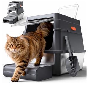 Powools Cat Litter Box - Stainless Steel Litter Box with Lid for Kitty, Metal Base Enclosed Cat Box with Litter Scoop, Elevated Step Box, Activated-Carbon Pack, 17.1" x 13.2" x 15", Grey