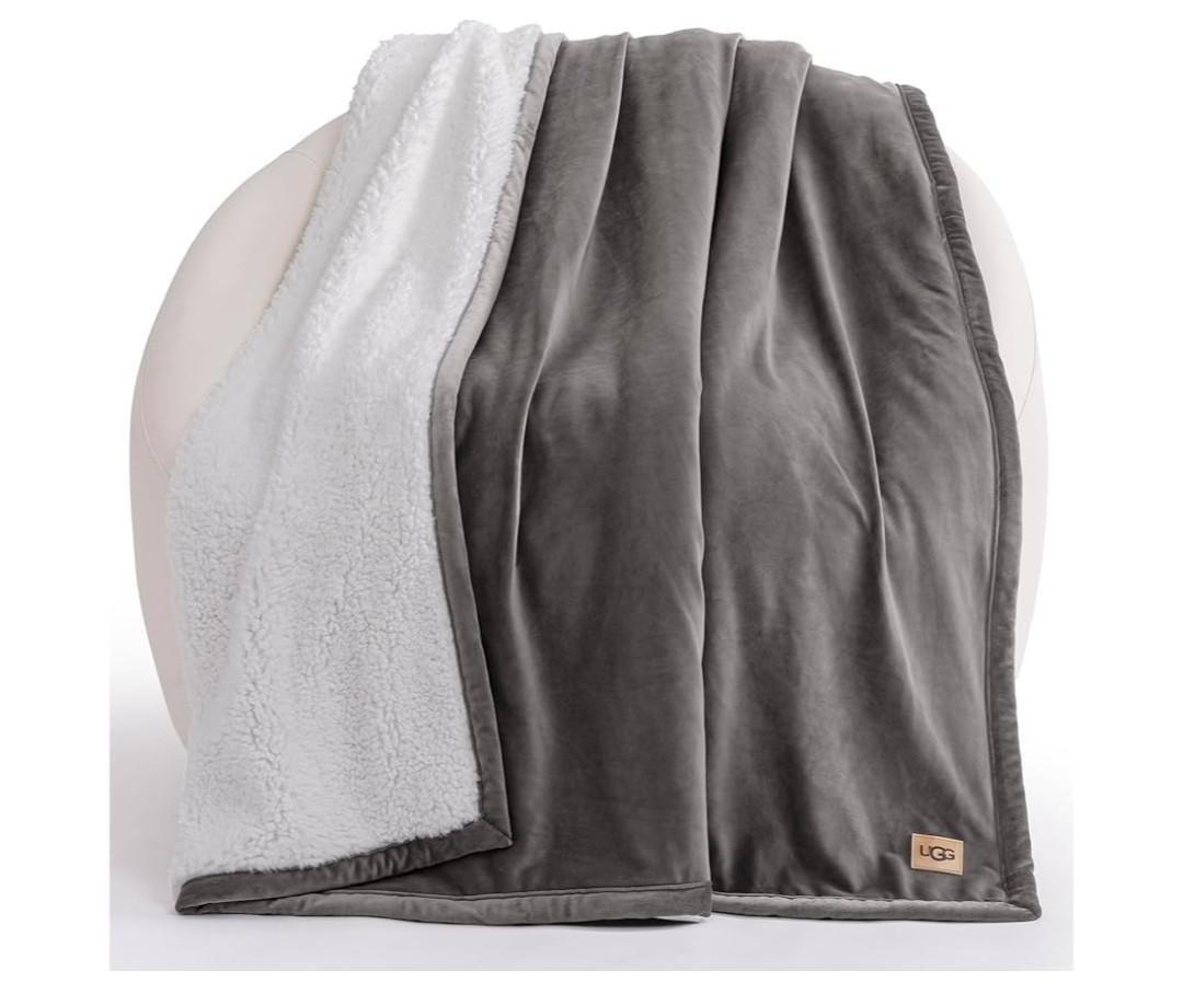 UGG Bliss Throw Blanket Plush Soft Fleece Fluffy Blankets for Bed or Couch Oversized Warm Reversible Machine Washable Medium Weight Home Decor Giftable Throw, 50-inch x 70-inch, Charcoal Grey