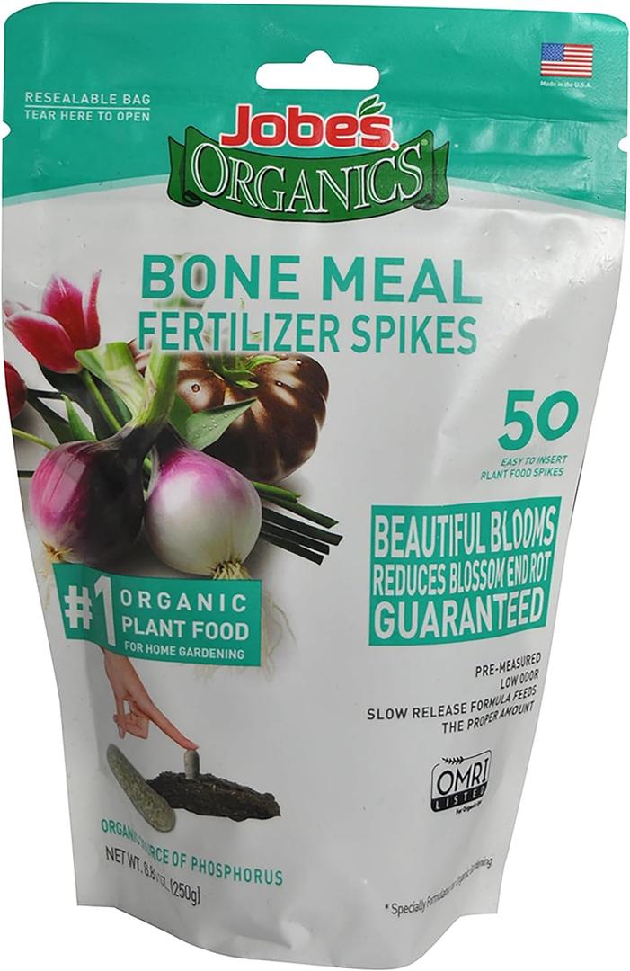Jobe's Organics Bone Meal Fertilizer Spikes, Strong Root Development for Bulbs, Tomatoes, Roses, and Other Flowering Plants, 50 Count (50 Spikes)