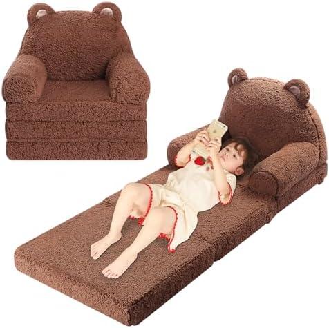 MOMCAYWEX Foldable Kids Sofa, Sherpa Teddy Bear Toddler Couch with Tri Folding Foam Cushions, Comfy Couch for Kids Age 18 Months and Up