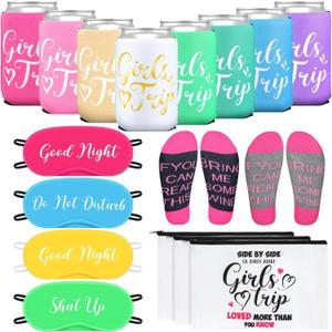 Tisancy 32 Pcs 2026 Girls Trip Gifts Favors Set Include Girls Trip Eye Mask Can Sleeves Socks Travel Makeup Bags for Women Girl Weekend Bachelorette Travel Vacation Party Favors