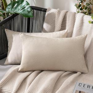 MIULEE Pack of 2 Decorative Outdoor Solid Waterproof Throw Pillow Covers Faux Linen Garden Farmhouse Cushion Cases for Patio Tent Balcony Couch Sofa 20x12 Inch Beige