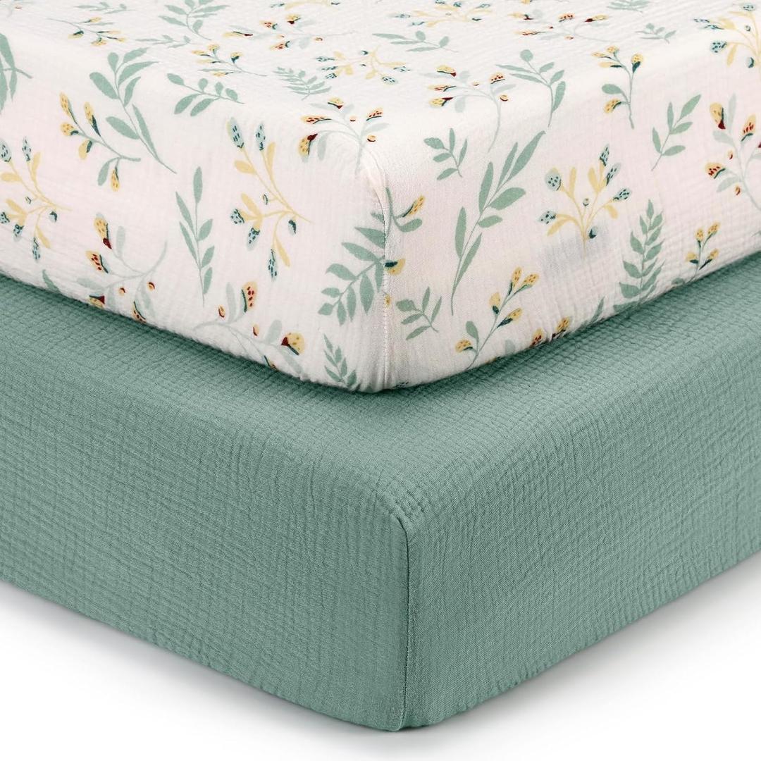Blissful Diary Muslin Crib Sheets for Girl Boy, Boho Neutral Soft Cotton Baby Sheet for 52''x28'' Standard Crib Mattress, 2 Pack(Roman Green&Leaf)