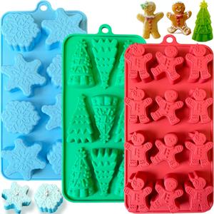 3 PCS Christmas Chocolate Molds, Christmas Tree Snowflake Gingerbread Shape Silicone Mold for Chocolate, Candy, Ice Cube, Cake, Jello, Soap, Candles, Cookie Holiday Party Baking Silicone Mold