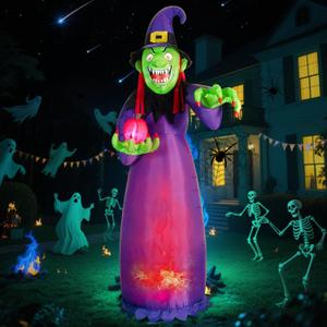 DomKom 10FT Halloween Inflatable Decorations, Blow Up Witch with Built-in LED Magic Flame Lights for Scary Halloween Party Outdoor, Yard, Garden Lawn Holiday Dcor