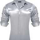 Barry.Wang 70s Disco Shirts for Men Satin Button Down Luxury Shiny Shirts | Shiny Satin, Disco Party Nightclub,Solid Long Sleeve Button Up Shirt,70s Prom Dress Shirts Wedding, Club,Business Casual (Silver, S)