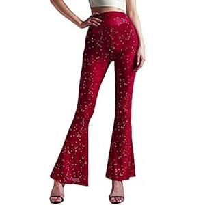 Anlaey Women's Rave Mesh Sheer Sparkly Pants Sequin Flared Bell Bottom Pants Sexy Rave Outfits for Festival Dance Clubwear, M