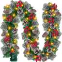 Timer 8 Modes - 9 Ft by 10 Inch Prelit Christmas Garland with 50 Warm Lights Thick 270 Snowy Bristle Pine 10 Pinecone 70 Berry Battery Operated Xmas Decor Mantle Stairs Porch Front Door Indoor Outdoor