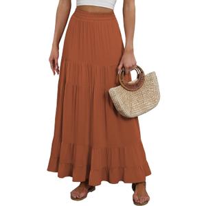 ANRABESS Womens Maxi Skirt Elastic High Waist Swing Tiered A-line Flowy Pleated Boho Beach Vacation Long Skirts (Medium, Rust)