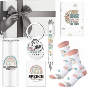 Patelai 7 Pcs Speech Therapist Appreciation Gifts Set Speech Language Pathologist Day 16 oz Tumbler Notebook Pen Keychain Sock Greeting Card and Box Slp Graduation Gift for Teacher Therapist Birthday