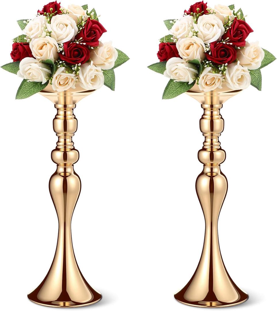 Sadnyy 2 Pcs Metal Flower Arrangements Stand Metal Wedding Centerpiece Stand Gold Vase Centerpiece Tall Table Decor Flower Vase for Wedding Reception Event Party Hotel Home Decor (15 Inch)