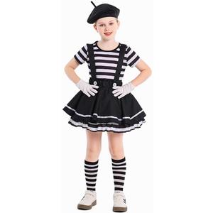 TOONRAIN Kid's Clown Mime Costume Striped Top and Suspender Skirt Theme Performance Dress Up XL(14-16Y)