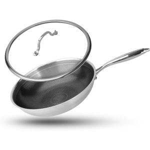 Hybrid Wok, 13 inch Wok with lid,Stainless Steel woks & Stir-fry pans Non Stick, PFOA Free Cookware, Dishwasher and Oven Safe, Compatible With Induction