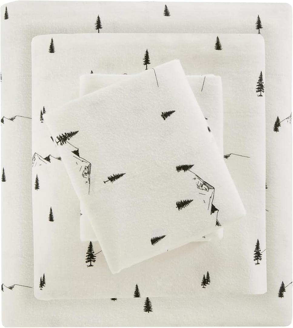 Woolrich Cotton Sheet Set Cottage Charms Print, 100% Cotton Flannel Sheets Warm & Fuzzy Bedding Set Cal King Size Sheets, Fitted Pocket Fits Up to 14" Mattress, Cal King Black Pine Trees 4 Piece