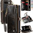 Defencase Compatible with Pixel 9/Pro Case, RFID Blocking Wallet Case Fit for Google Pixel 9 & 9 Pro Soft PU Leather Magnetic Snap Flip Zipper Strap Card Holder Phone Case for Women Men, Coffee