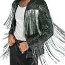 Men's Fringe Trim Jackets Zip Up Long Sleeve Sequin Regular Fit Spring Fall Coats (Large, Dark Green)