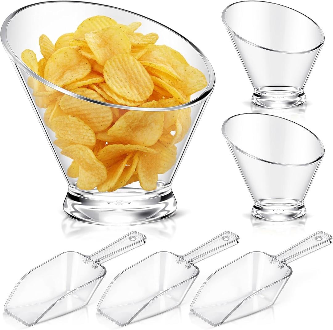 LemonRoad 6 Pcs Clear Plastic Serving Bowls with Scoops, Candy Bowls for Party Table, Disposable Angled Buffet Containers Dishes for Salad Fruit Snacks Appetizer Bar Catering Supplies(12oz)