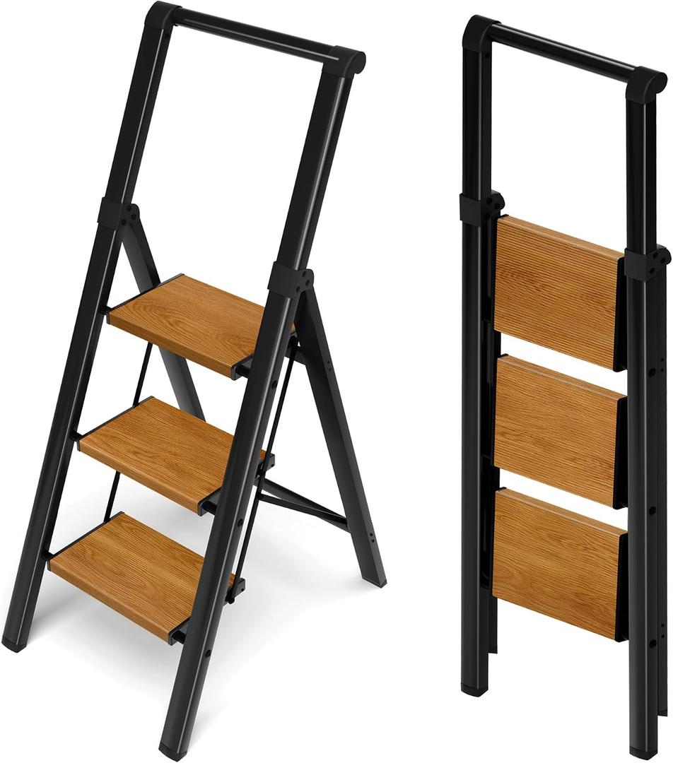 Taranta 3 Step Ladder, Portable Folding Ladder with Wide Pedal, Lightweight Aluminum Step Stool with Convenient Handgrip,330 lbs Capacity Stepladder for Home, Office-Black Woodgrain