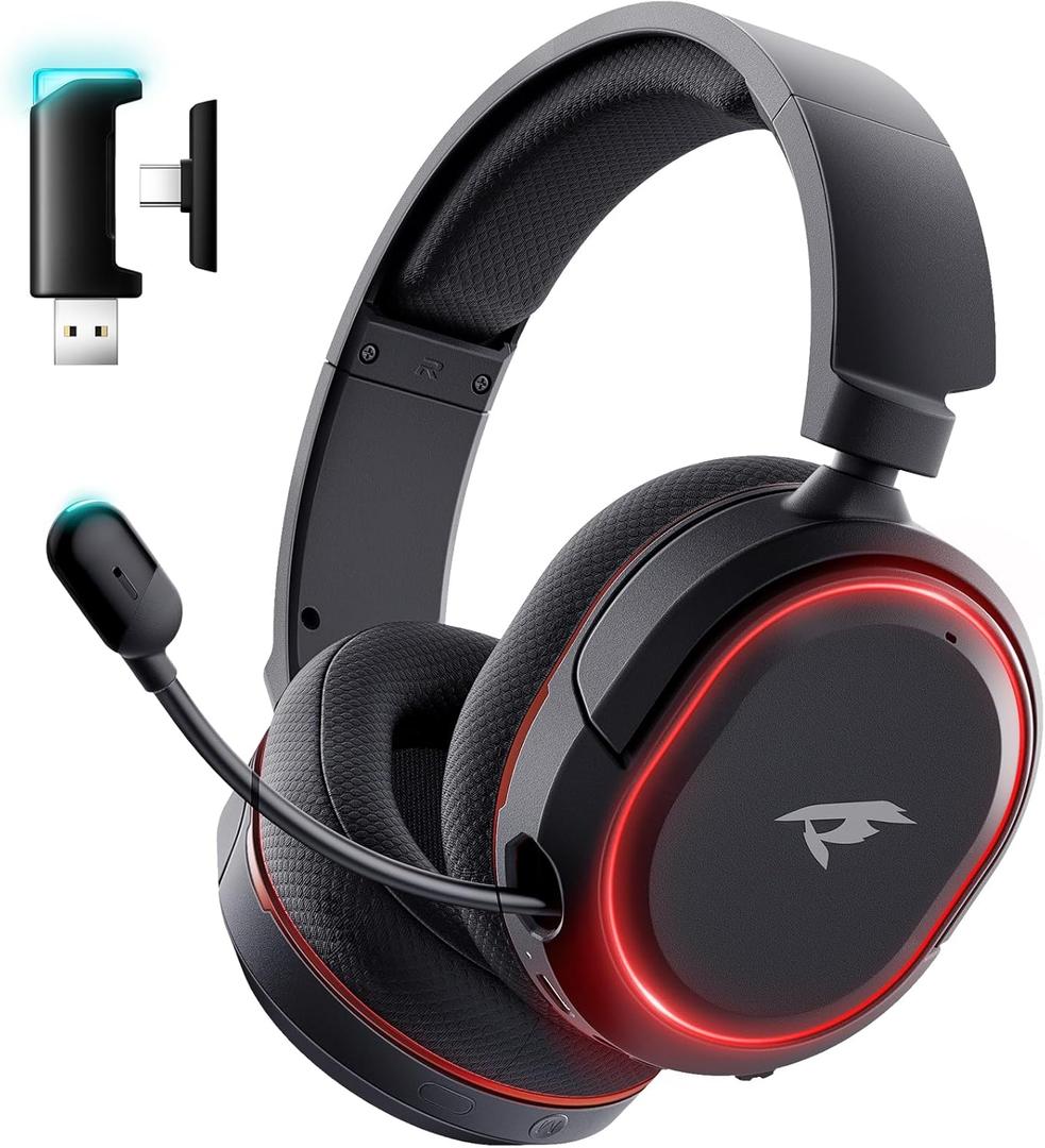 Wireless Gaming Headset 7.1 Surround Sound 2.4Ghz USB Gaming Headphones Bluetooth 5.4,100-Hr Noise Canceling Mic RGB Light, Wireless Headset for PC PS5 PS4 Mac SwitchONLY Wired Mode Suit for Xbox (Black-Red)