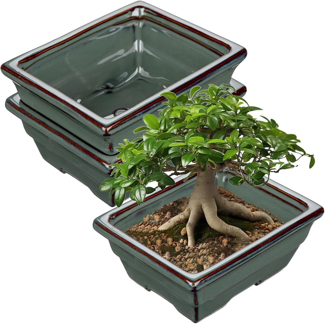 Ceramic Bonsai Pots with Drainage Hole Set of 2, Green Glazed Bonsai Planters for Indoor/Outdoor Use, Rectangular Shallow Bonzai Tree Pot for Succulent, Orchids, Cacti, Home, Patio, Garden, 6.3"x4.9", 6.3"x4.9"x2.8"