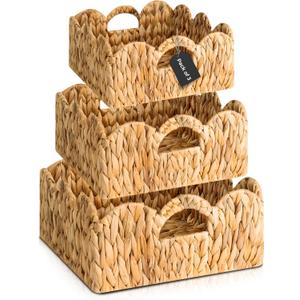 Elegant Scalloped Wicker Basket Set with Handles - Set of 3 | Handwoven Water Hyacinth Baskets for Nursery, Bathroom, Living Room Decor, Scalloped Edge Basket Shelf Decorative (Water Hyacinth)