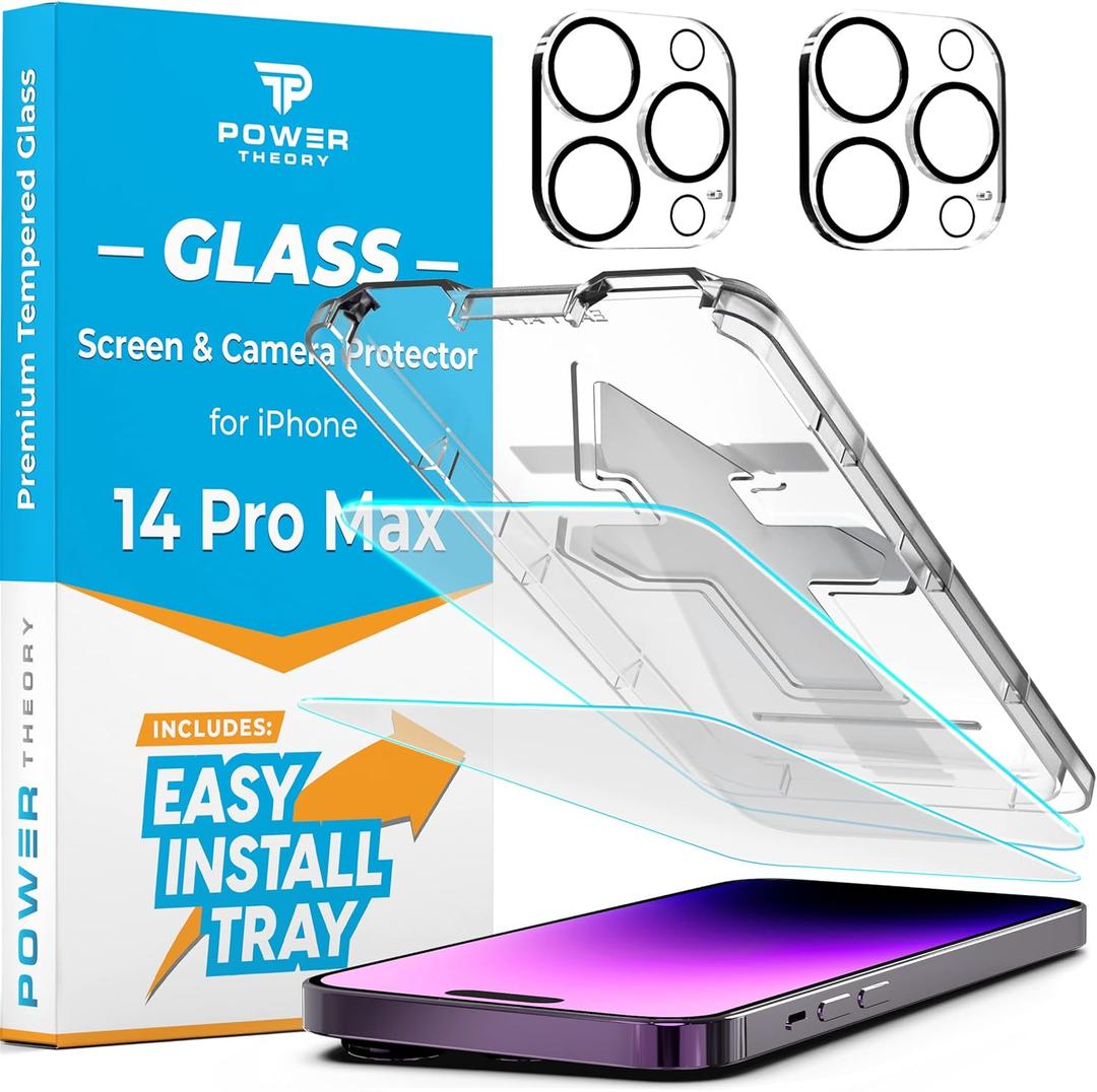 Power Theory Designed for iPhone 14 Pro Max Screen Protector and Camera Lens Protectors with Easy Install Kit [Premium Tempered Glass], [9H Hardness] 2+2 Pack