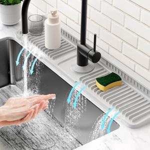 24'' Folding Faucet Mat for Kitchen Sink Splash Guard[7 Slope Fast Self-draining][Snap Lock Fit] Kitchen Sink Faucet Mat Splash Guard Kitchen Sink Area Water Splash Guard Behind Faucet Draining Mat