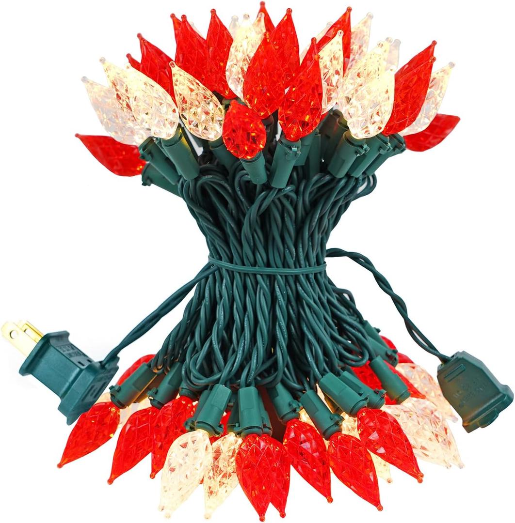 BOHON Christmas Lights Outdoor Faceted C6 50 LED 25ft Plug in Fairy Twinkle String Lights Waterproof Extendable Green Wire for Indoor Patio Xmas Thanksgiving Tree Decoration Red and Warm White