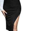 Floerns Women's Solid High Waisted Ruched Split Thigh Bodycon Midi Skirt (Medium, Black)