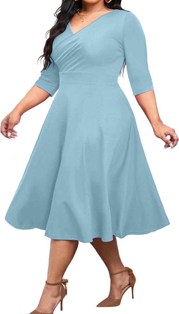 CLOCOR Women's Plus Size Midi Dress 3/4 Sleeve A-Line Swing Dress V Neck Flowy Casual Dresses 6 XL