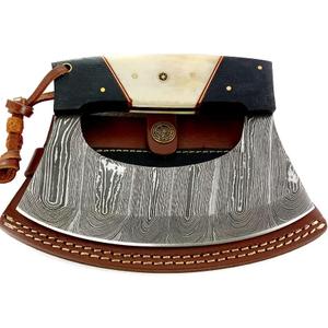 Damascus Steel Alaska Rocker Ulu Knife - Fixed Blade knife for Chopping Boning Slicing Pizza Cutter with Leather Sheath. SM149