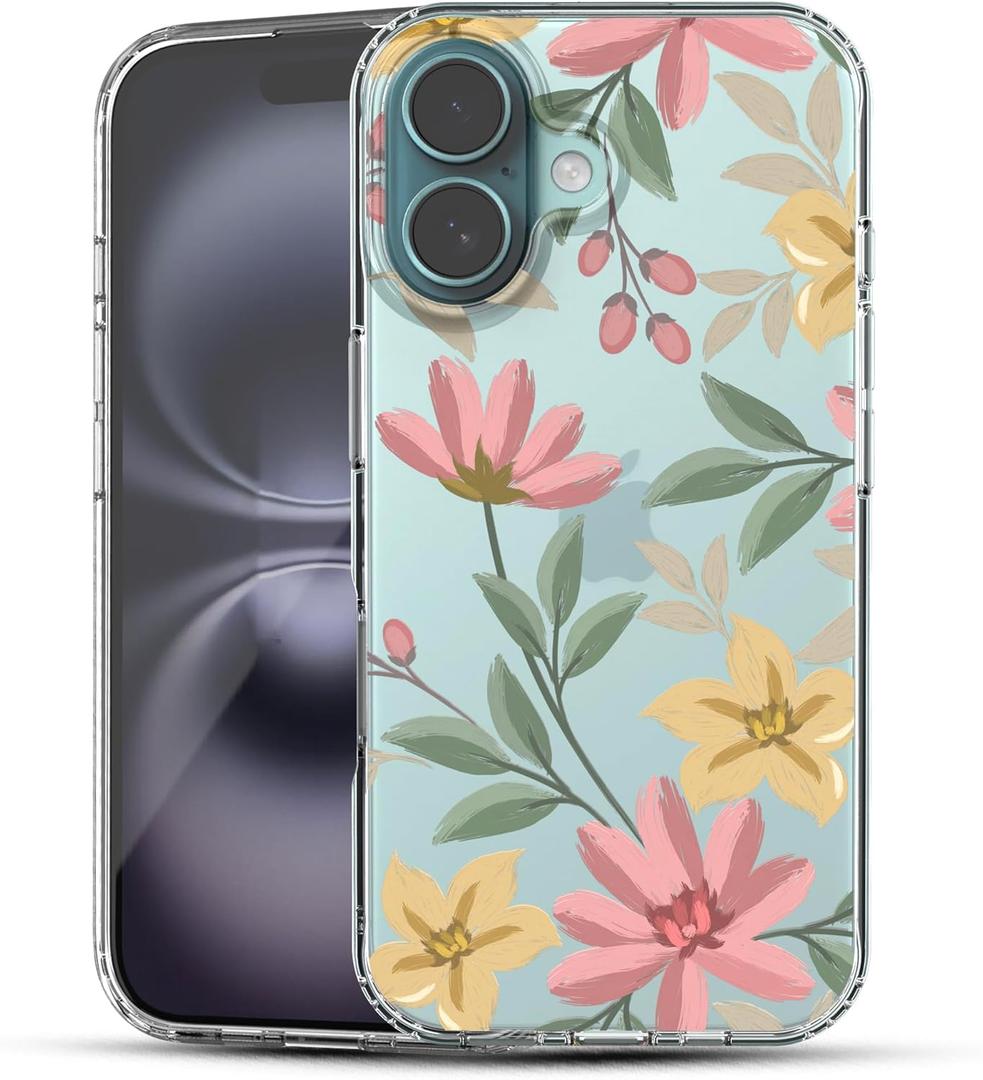 Ranz Case for iPhone 16, Anti-Scratch Shockproof Series Clear Hard PC+ TPU Bumper Protective Cover Case for iPhone 16 (6.1") - Floral Painting