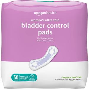 Amazon Basics Women's Incontinence Pads, Bladder Control & Postpartum, Light Absorbency, Unscented, 30 Count, (1 Pack of 30)